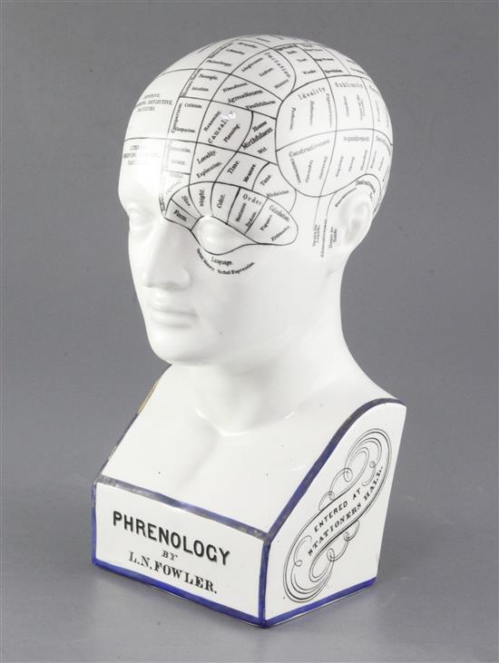 An L. N. Fowler pottery phrenology head, late 19th century, height 30.5cm